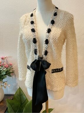 Ryu Cream Knit Cardigan with Black Ribbon Detail  & Jewel Trim size Medium